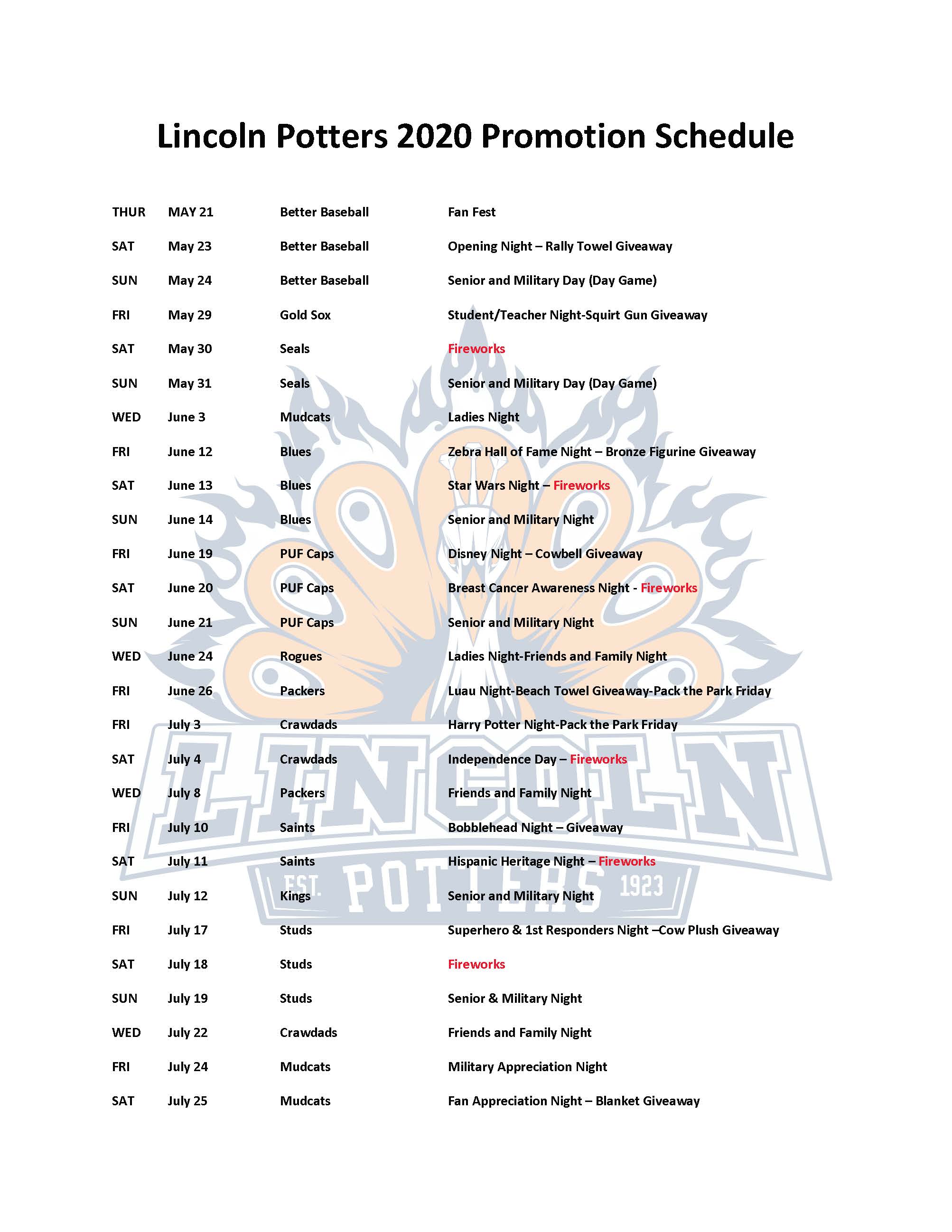 The Official Website of the Lincoln Potters Promotional Schedule